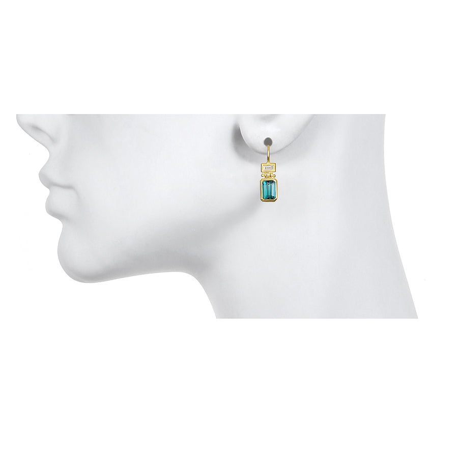 18 Karat Gold Blue Green Tourmaline and Diamond Hinge Earrings
