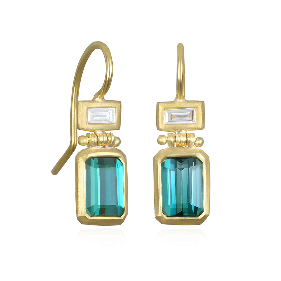 18 Karat Gold Blue Green Tourmaline and Diamond Hinge Earrings