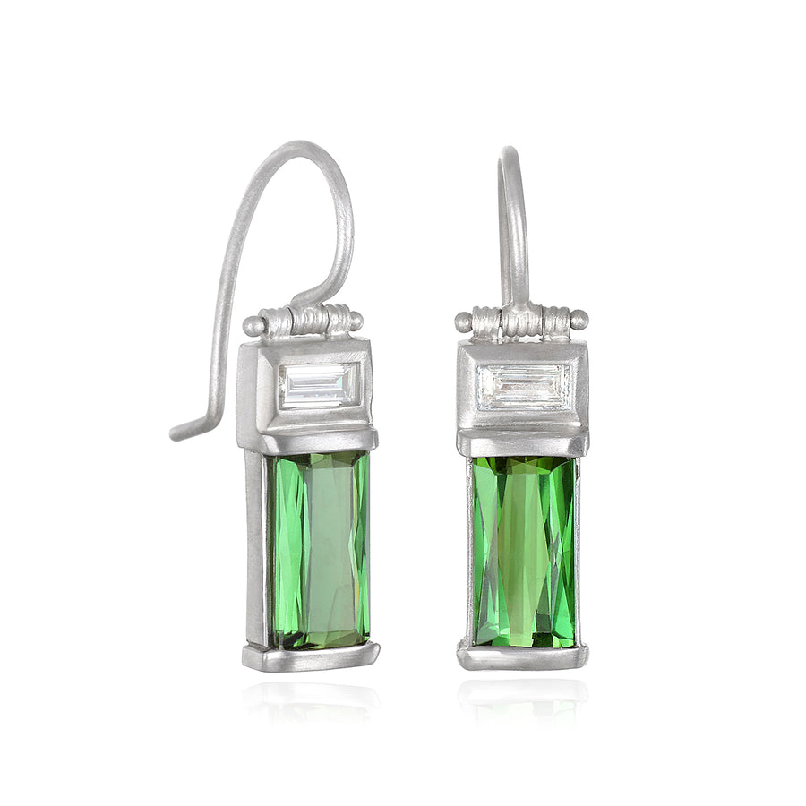 18 Karat White Gold Diamond Tourmaline Baguette Earrings