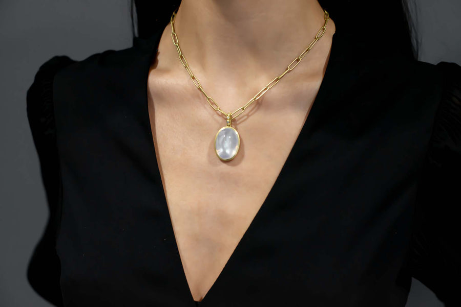 Oval Rainbow Moonstone Pendant on Diamond Station Necklace