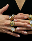 18 Karat Gold Ceylon Moonstone Daisy Bezel Ring