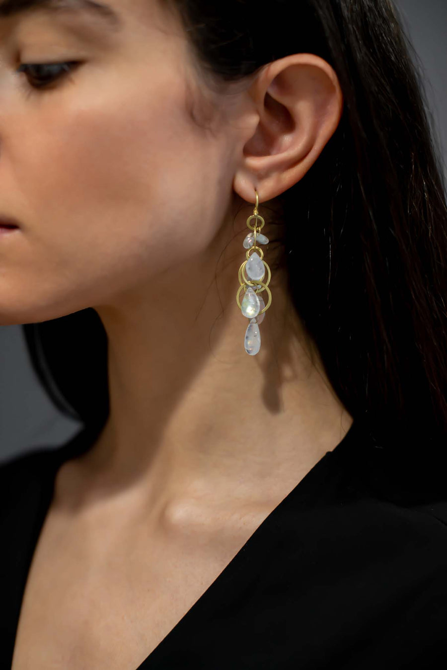 18 Karat Gold Moonstone Multiloop Fringe Earrings