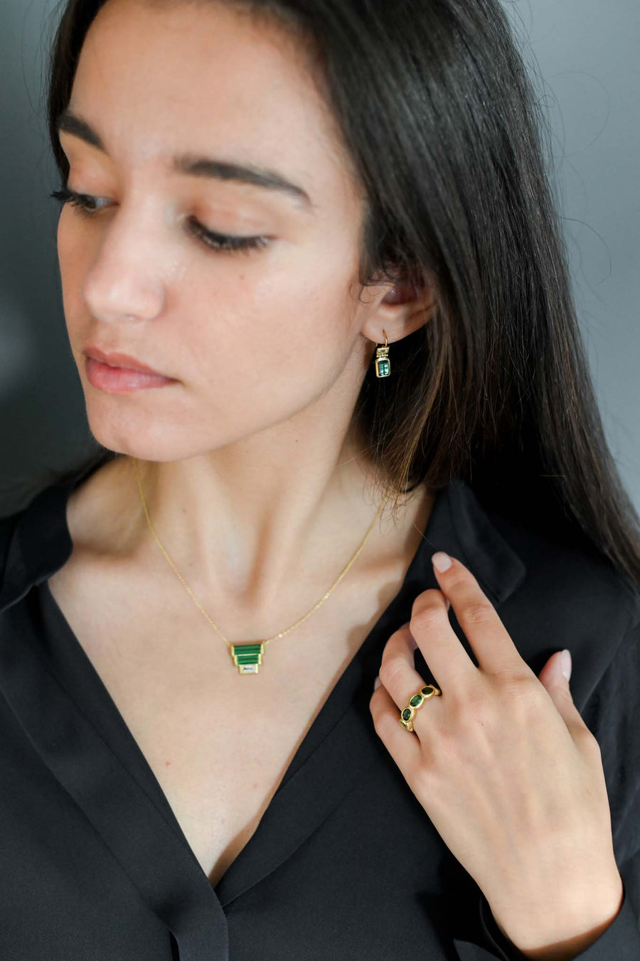 Three Tier Green Tourmaline and Diamond Baguette Necklace