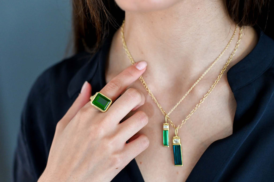 Green Tourmaline Ring with Diamond Baguettes