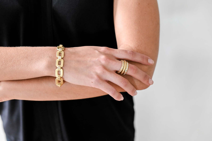 18 Karat Gold Diamond Baguette Hinged Link Bracelet