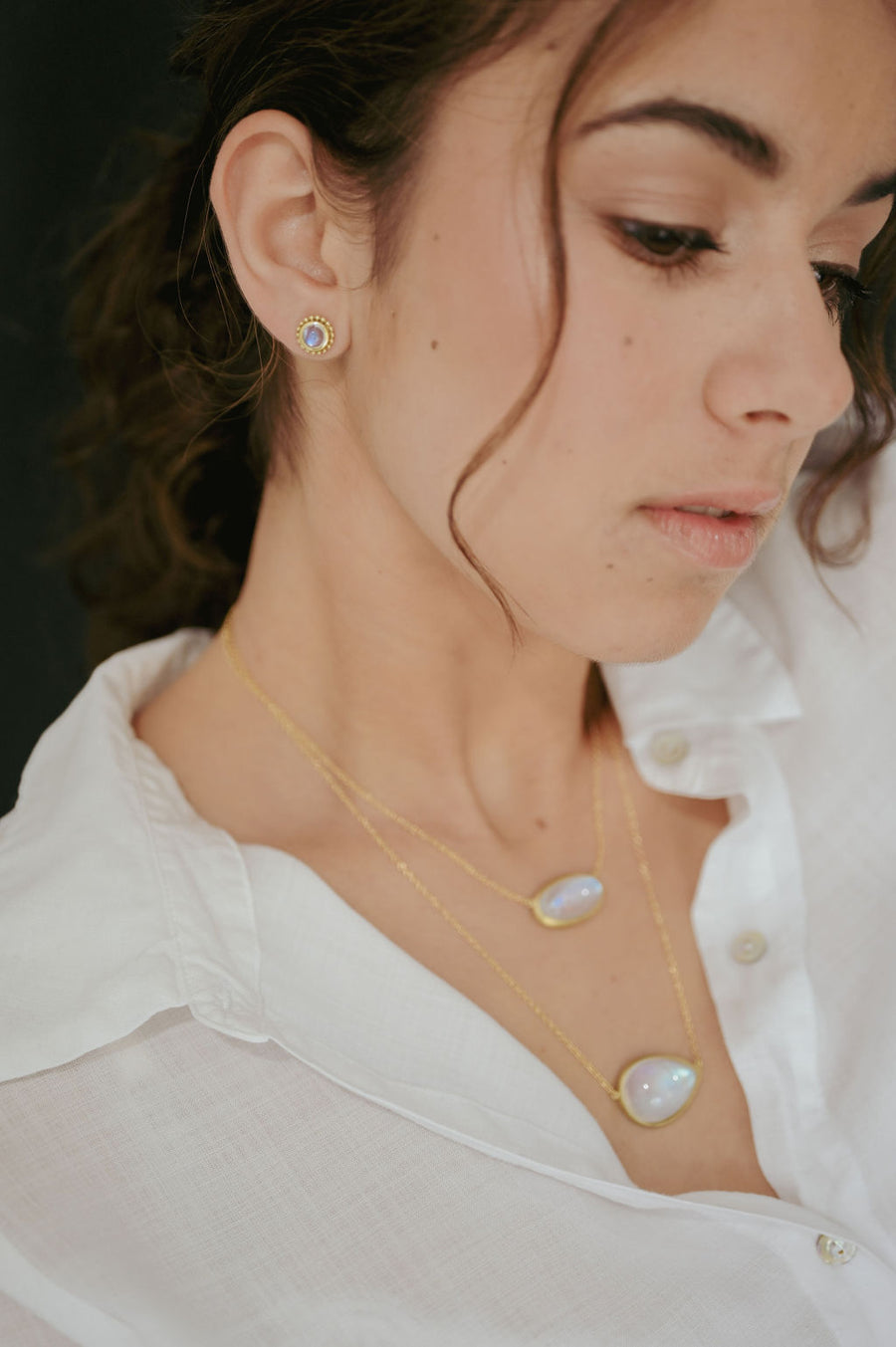 18 Karat Gold Moonstone Granulation Studs, Large
