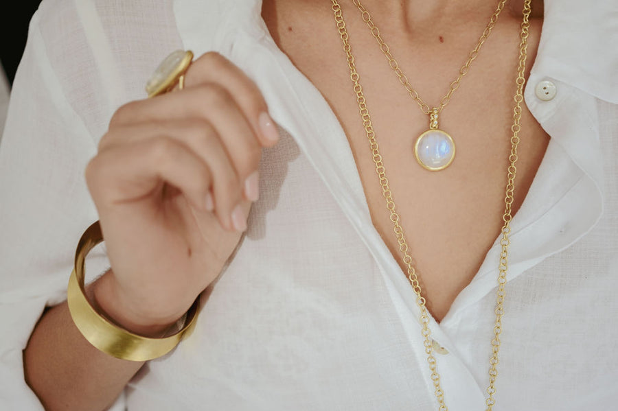 Round Moonstone Pendant with Triple Diamond Granulation Beads