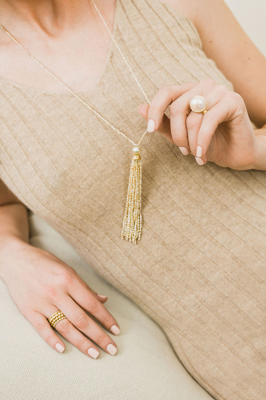 18 Karat Gold Natural Keshi Pearl Necklace with Tassel