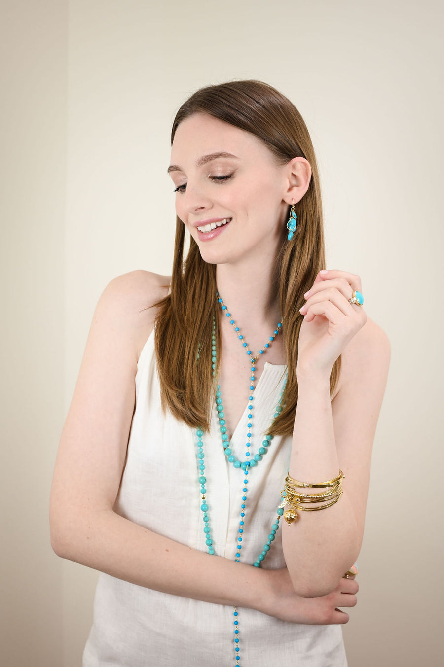 18 Karat Gold Turquoise Lariat Necklace