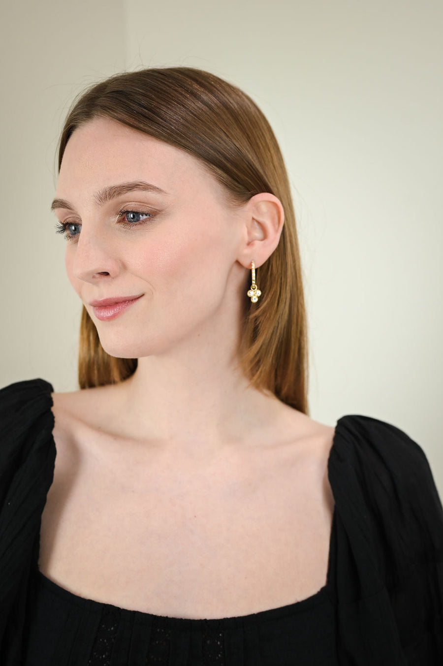 18 Karat Gold Burnished Diamond Hoops with Triple Blue Zircon Drops