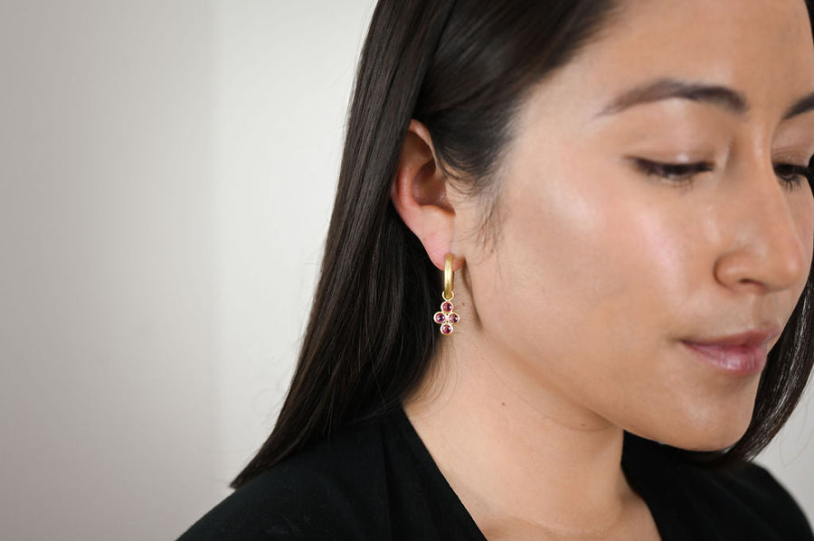18 Karat Gold Hoops with Blue Sapphire Quad Drops