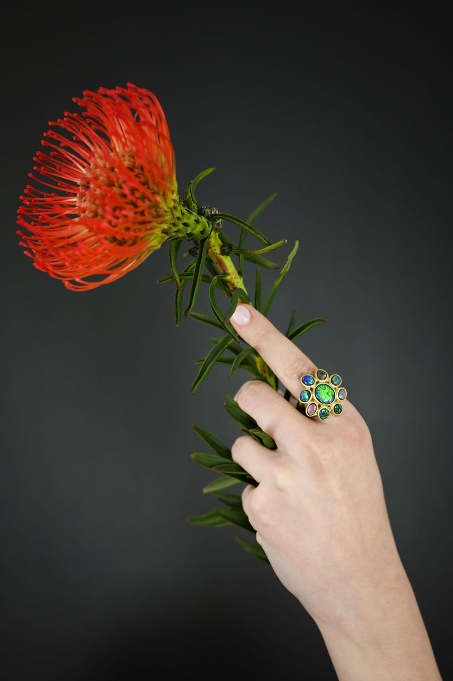18 Karat Gold Australian Black Opal Daisy Ring