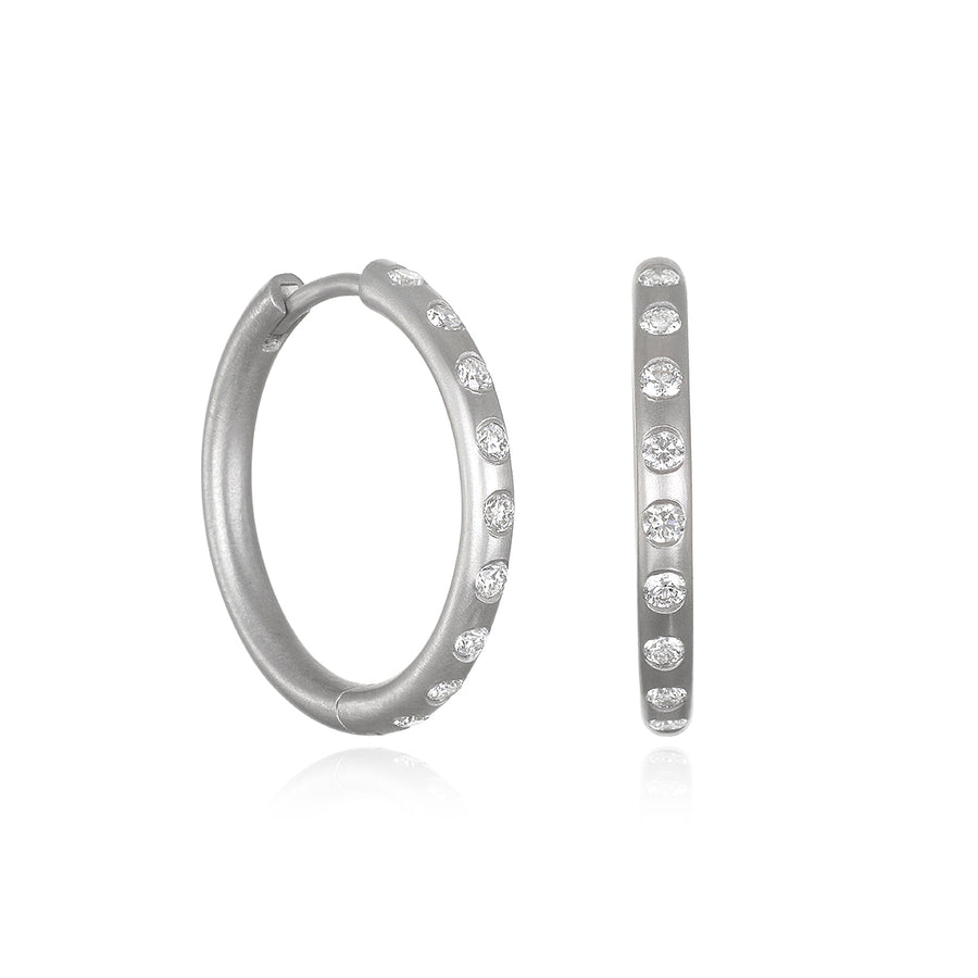 Platinum Burnished Diamond Hinged Hoops - Large