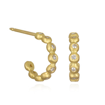 18 Karat Gold Diamond Granulation Huggy Hoops with Posts