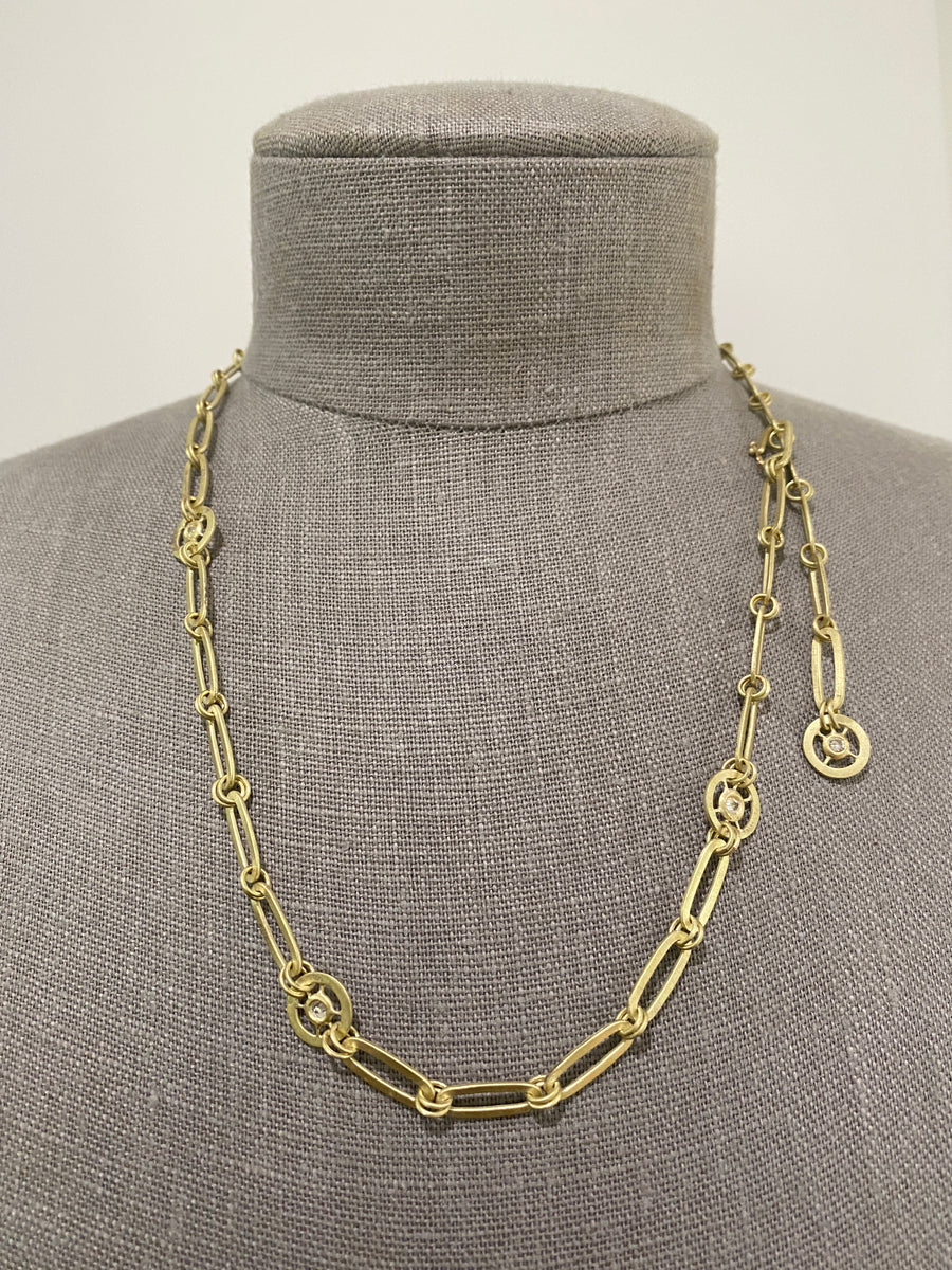 18 Karat Gold Paperclip Lariat Necklace With Diamond Links