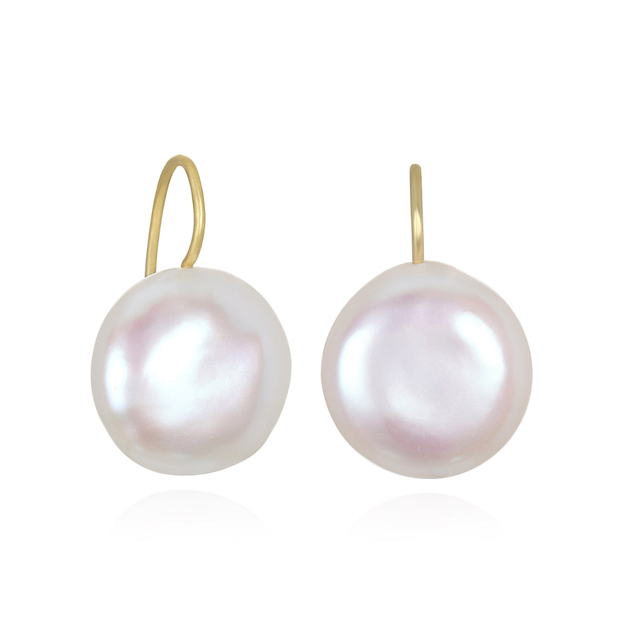 18 Karat Gold Freshwater White Coin Pearl Earrings