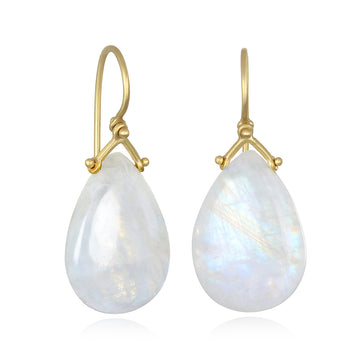 18 Karat Gold Rainbow Moonstone Pear-Shape V-Cap Earrings