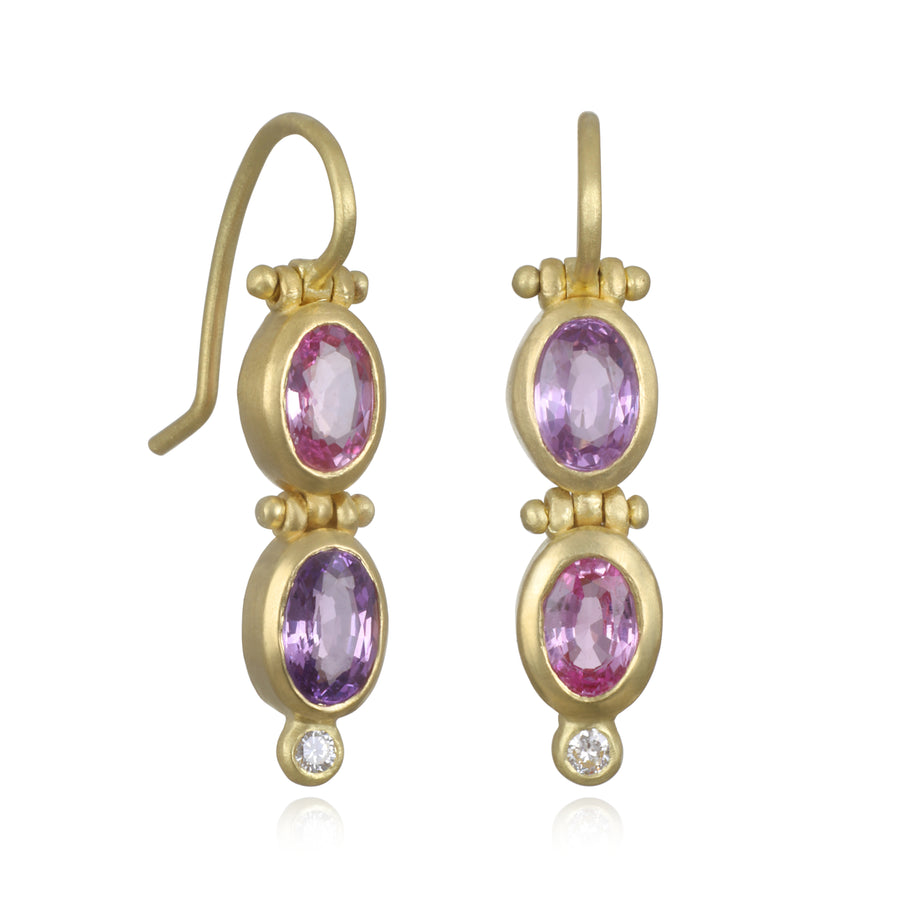 18 Karat Gold Hinged Purple Pink Sapphire and Diamond Earrings