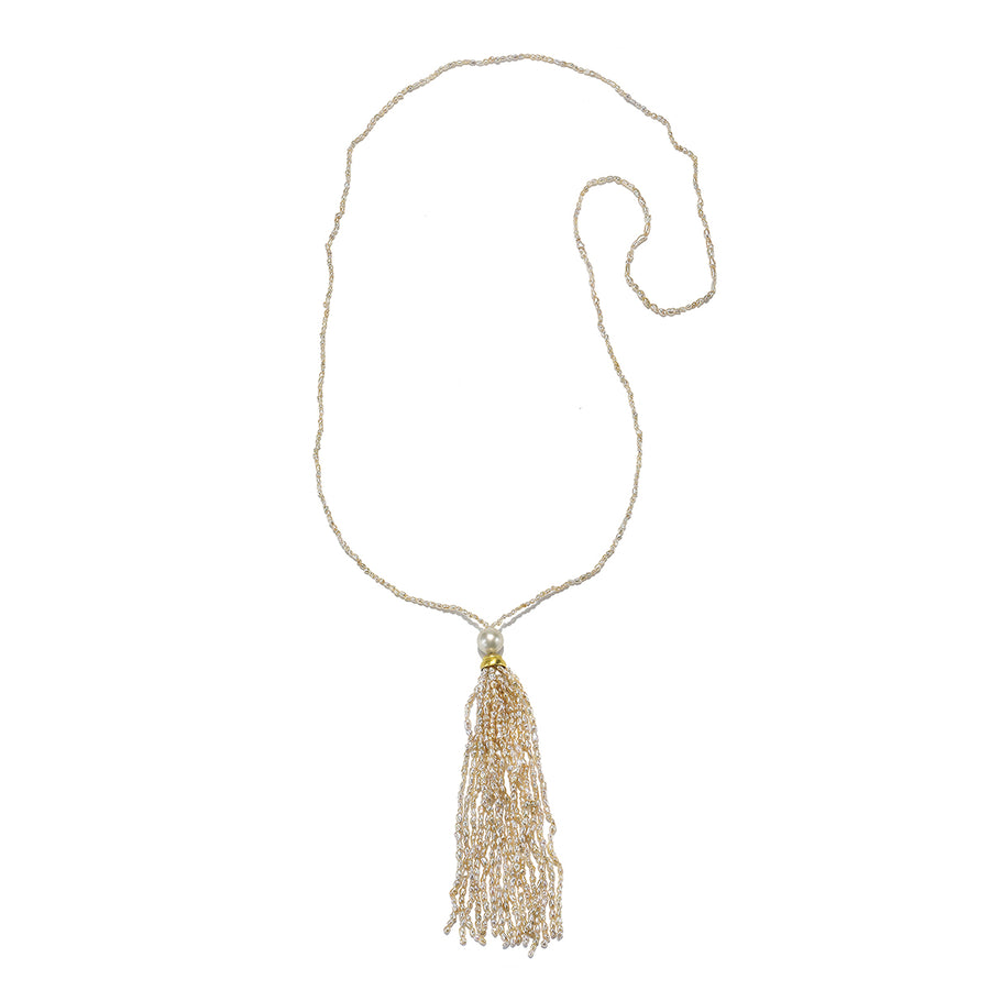 18 Karat Gold Natural Keshi Pearl Necklace with Tassel