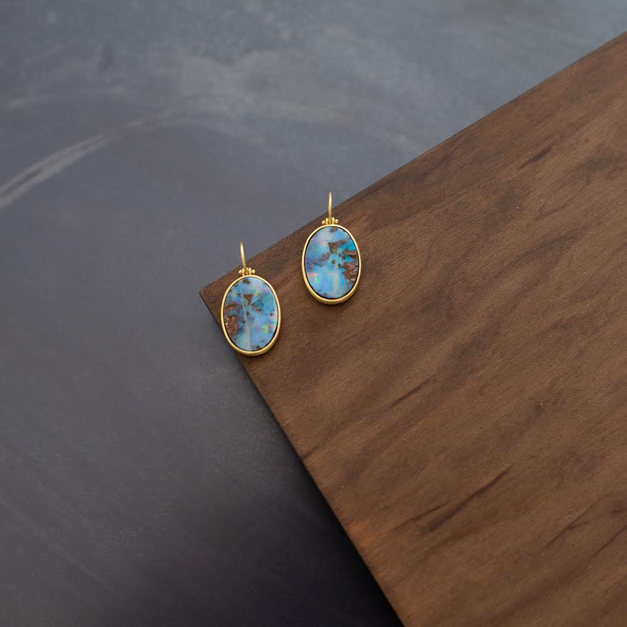 18 Karat Gold Boulder Opal Split Earrings with Hinge
