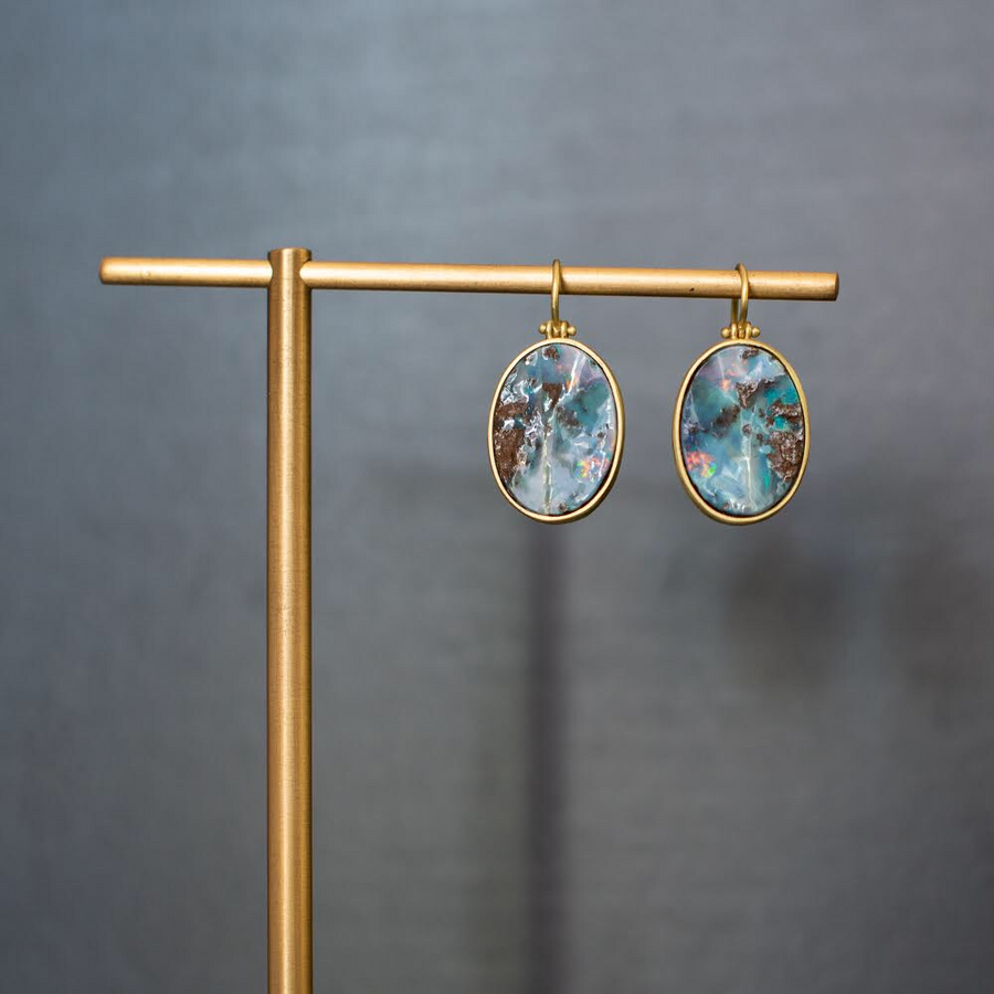 18 Karat Gold Boulder Opal Split Earrings with Hinge