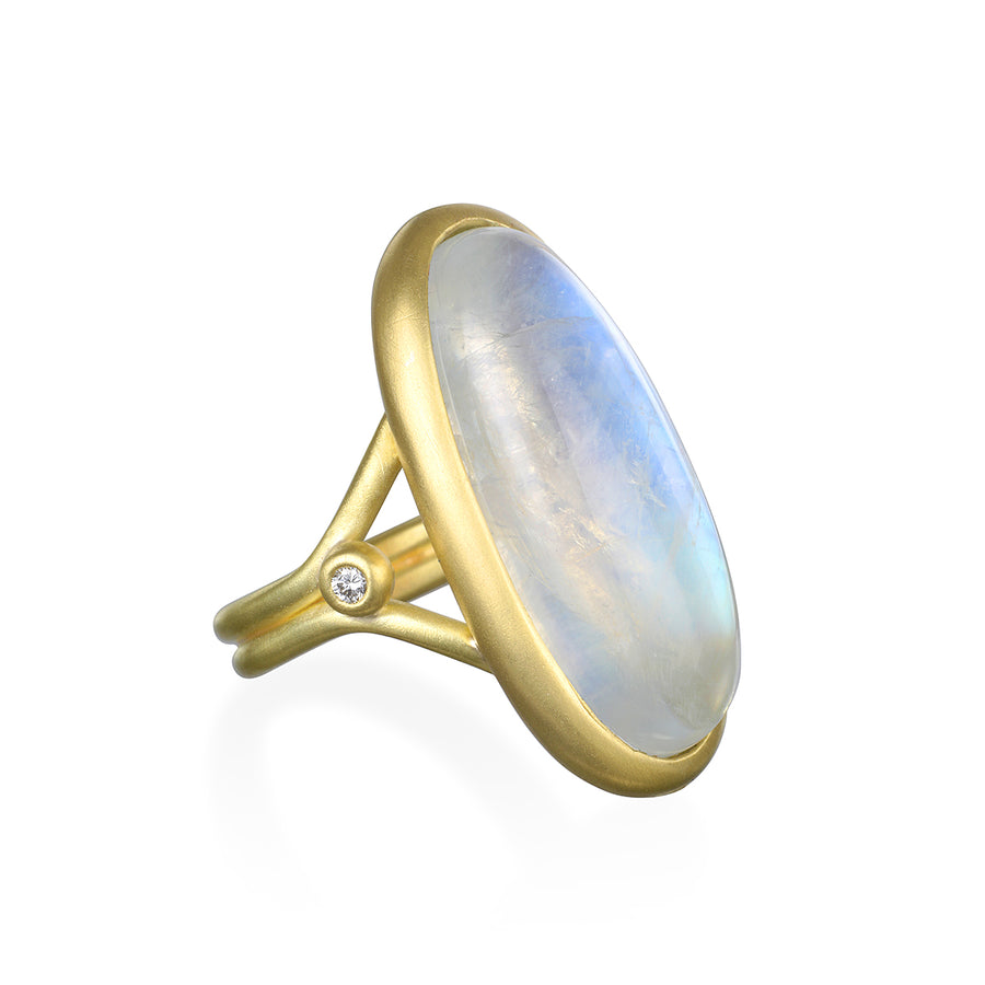 18 Karat Gold Long Oval Moonstone Diamond Ring