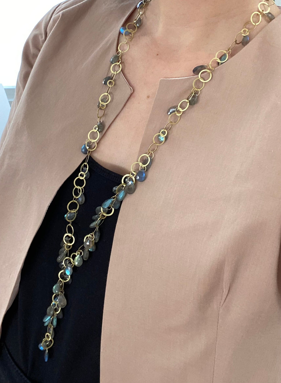 18 Karat Gold Labradorite Briolette Fringe Necklace