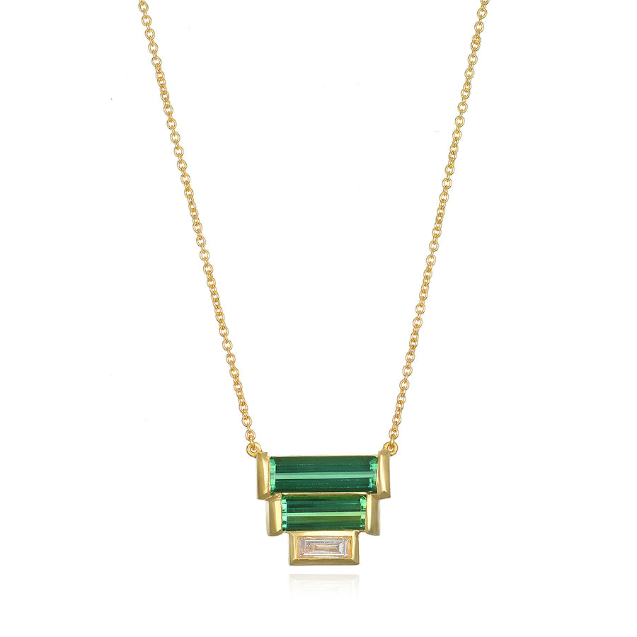 Three Tier Green Tourmaline and Diamond Baguette Necklace