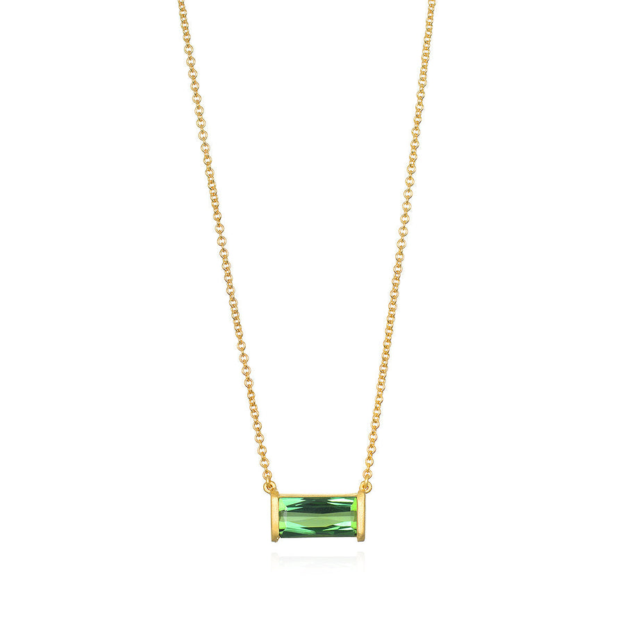 18 Karat Gold Bar Set French Cut Green Tourmaline Necklace