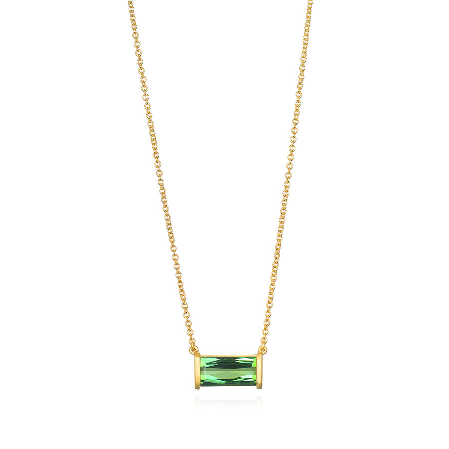 18 Karat Gold Bar Set Green Tourmaline Necklace