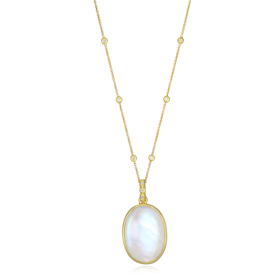 Oval Rainbow Moonstone Pendant on Diamond Station Necklace