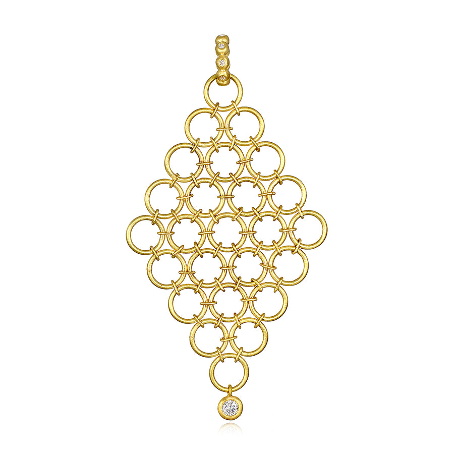 18 Karat Gold Diamond Mesh Pendant and Oval Link Chain