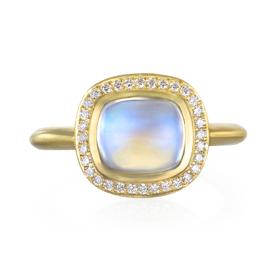 18 Karat Gold Cushion Cut Blue Moonstone Halo Ring