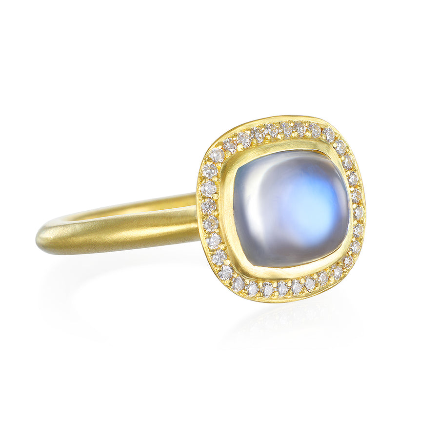 18 Karat Gold Cushion Cut Blue Moonstone Halo Ring