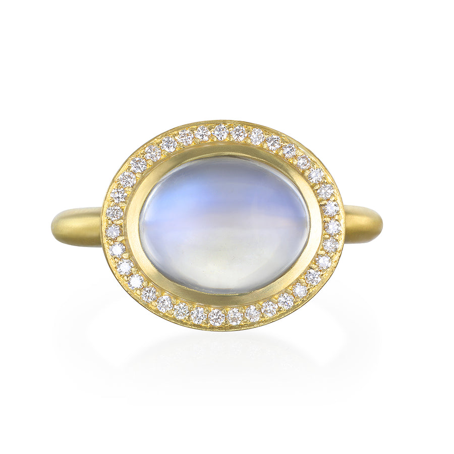 18 Karat Gold Oval Blue Moonstone Halo Ring