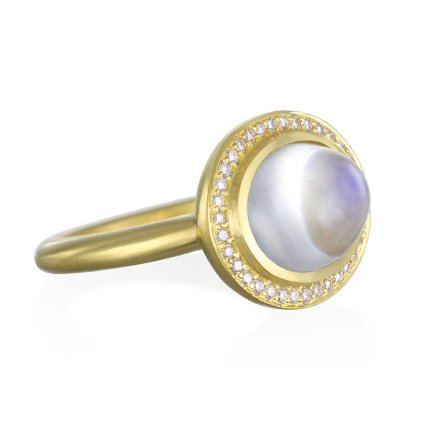 18 Karat Gold Oval Blue Moonstone Halo Ring