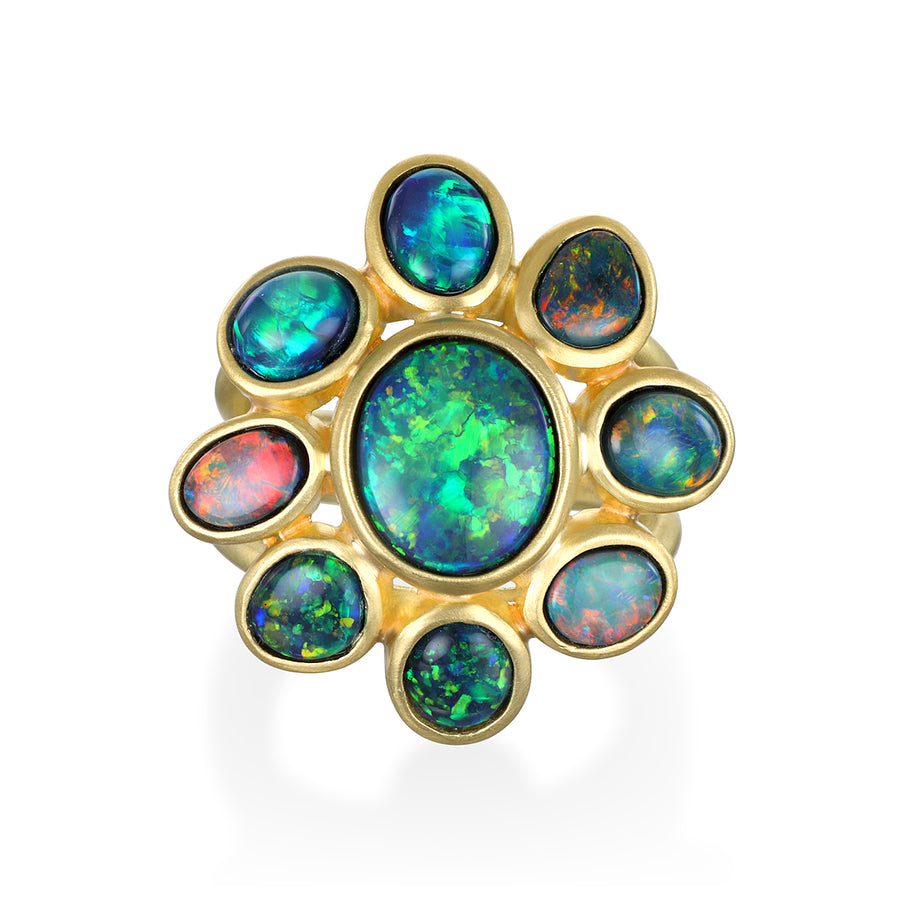18 Karat Gold Australian Black Opal Daisy Ring