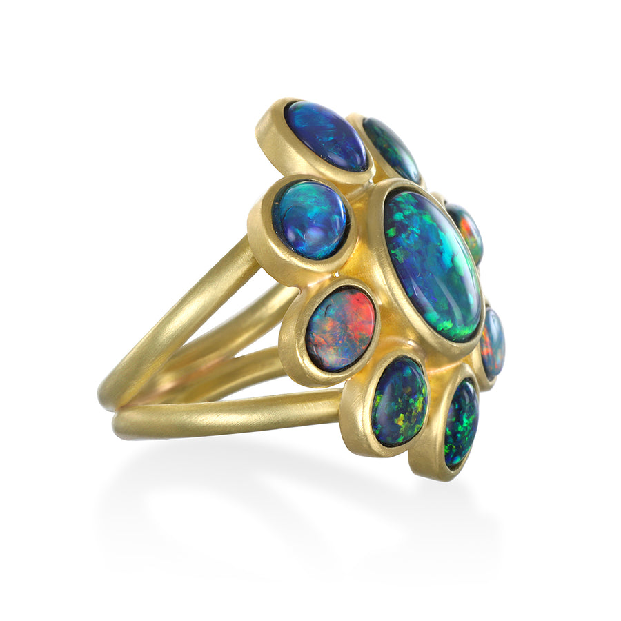 18 Karat Gold Australian Black Opal Daisy Ring