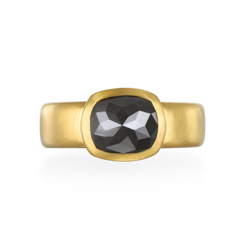22 Karat Gold Cushion Shaped Black Diamond Bezel Ring
