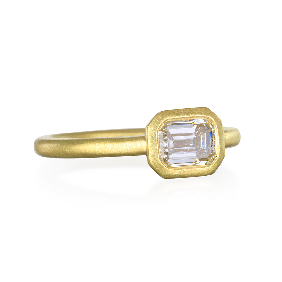 18 Karat Gold Emerald Cut Diamond Bezel Set Solitaire Ring
