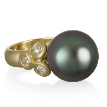 18 Karat Gold Black Tahitian Pearl and Diamond Ring