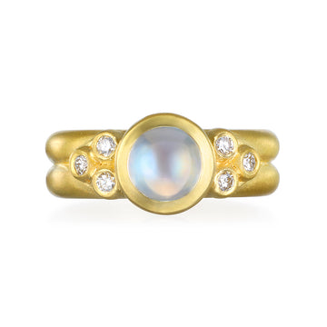18 Karat Gold Moonstone Bezel Ring with Triple Diamond Granulation