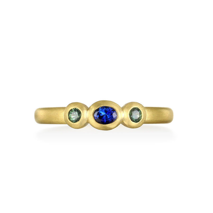 18 Karat Gold Three-Stone Blue and Green Sapphire Bezel Stack Ring