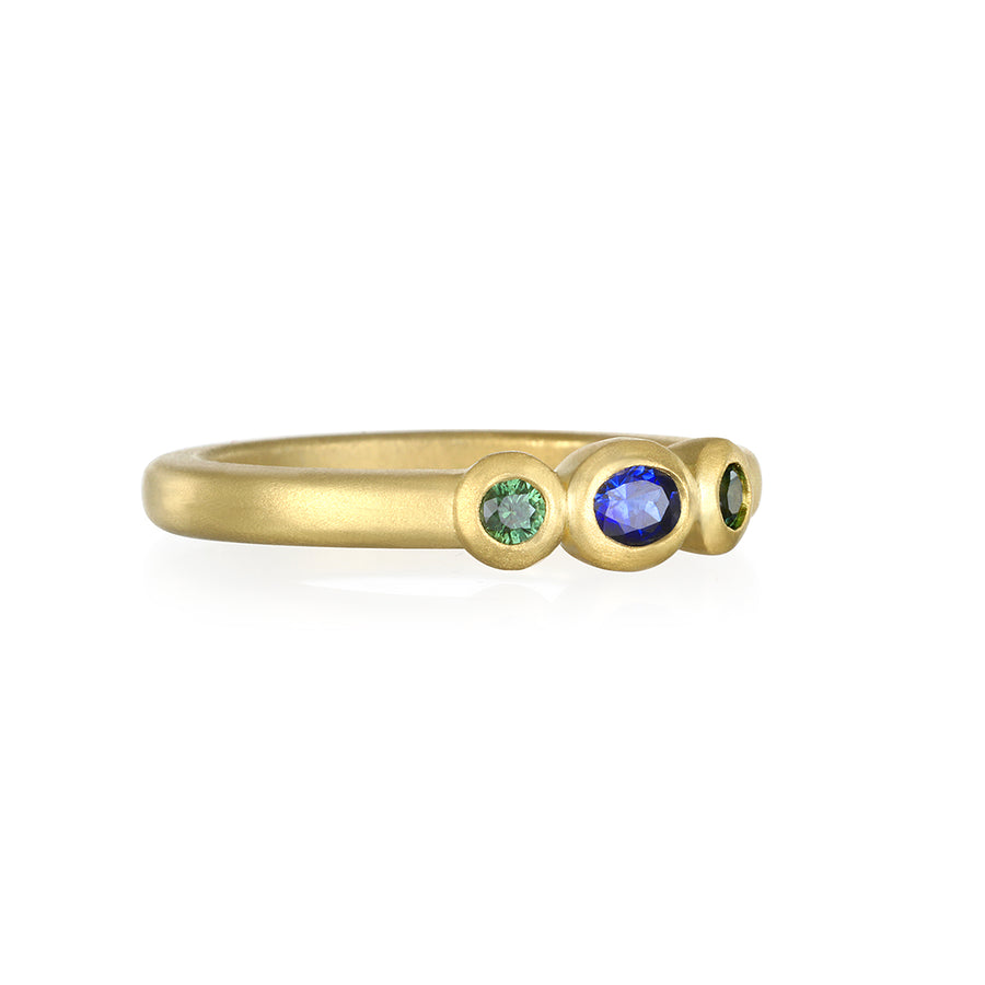 18 Karat Gold Three-Stone Blue and Green Sapphire Ring