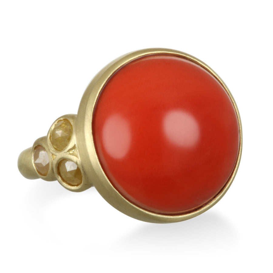 18 Karat Gold Coral Diamond Bezel Ring