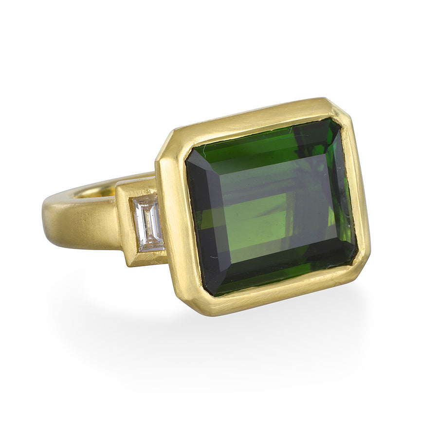 Green Tourmaline Ring with Diamond Baguettes
