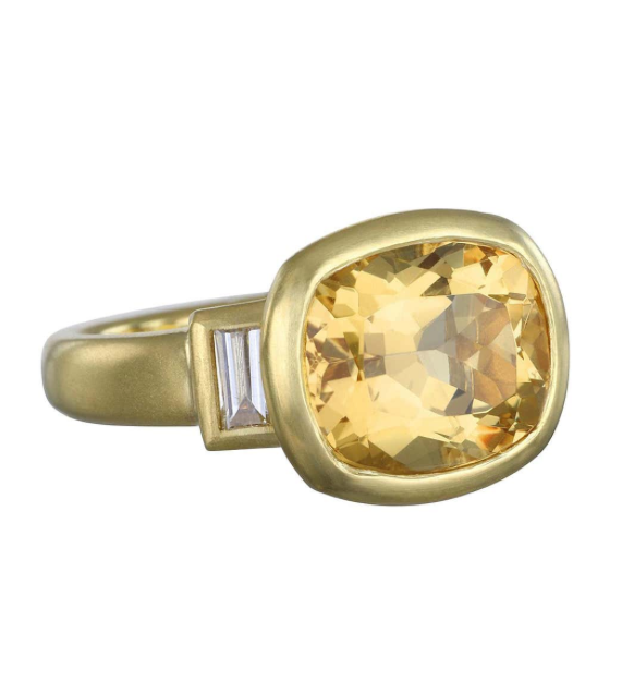 Golden Beryl Diamond Three Stone Ring