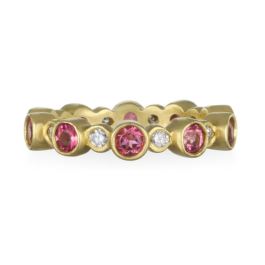 18 Karat Gold  Diamond and Pink Tourmaline Eternity Ring