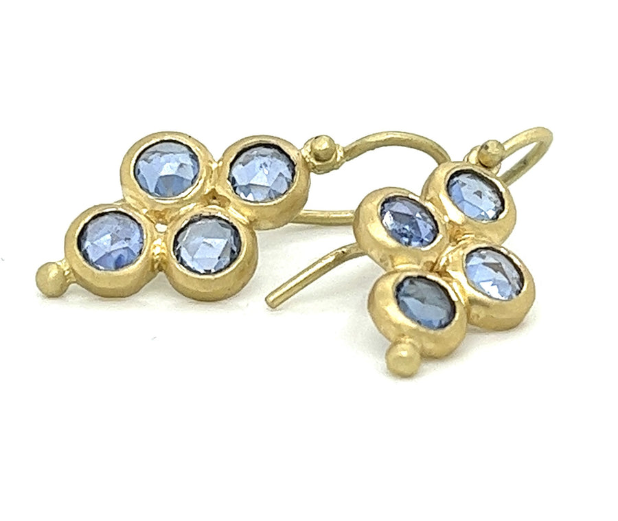 18 Karat Gold Blue Sapphire Rose Cut Quad Drop Earrings